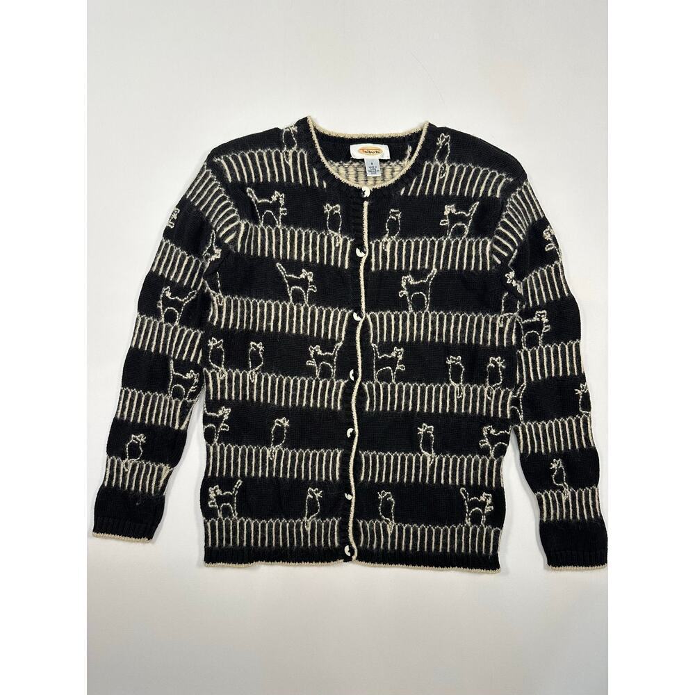 Talbots Cotton/Wool Cardigan Sweater with Stitched Black Cats on Fence Sz Small